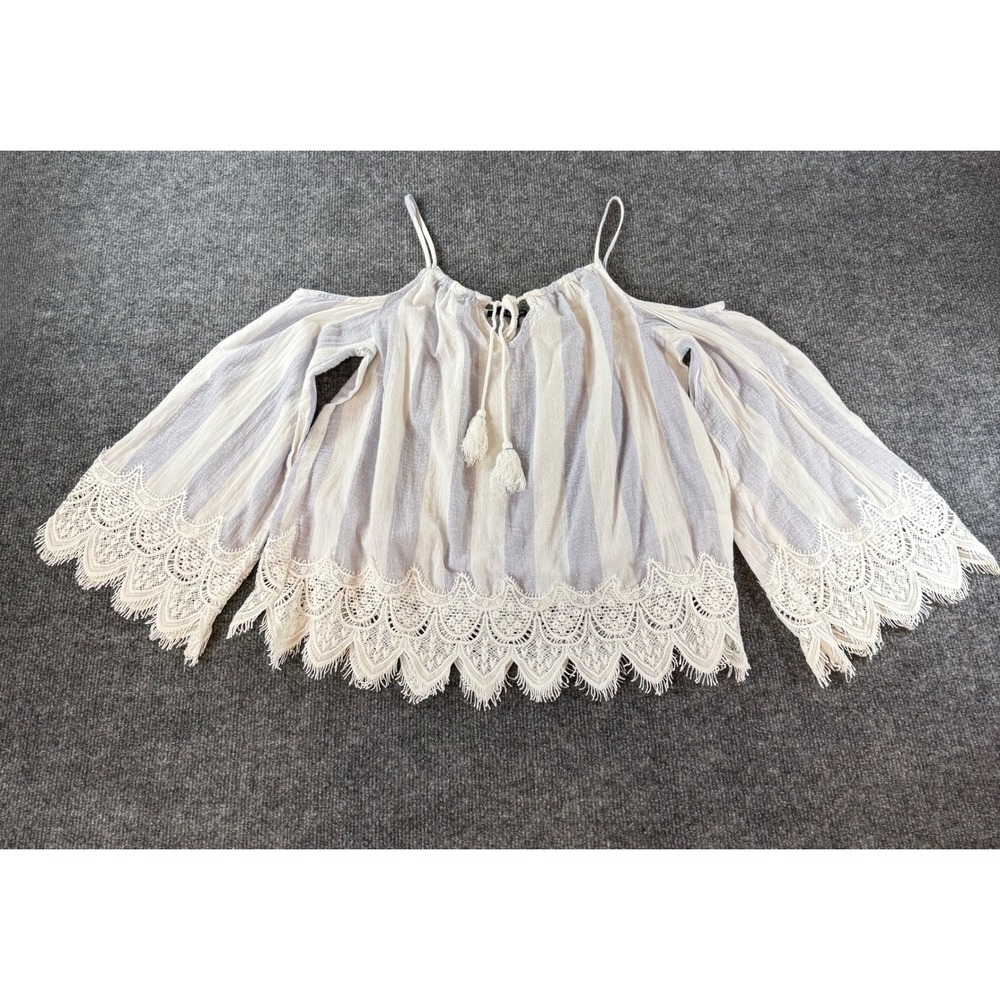 Lipslide Blue White Striped Cold Shoulder Lace Trim Tassel Top Small